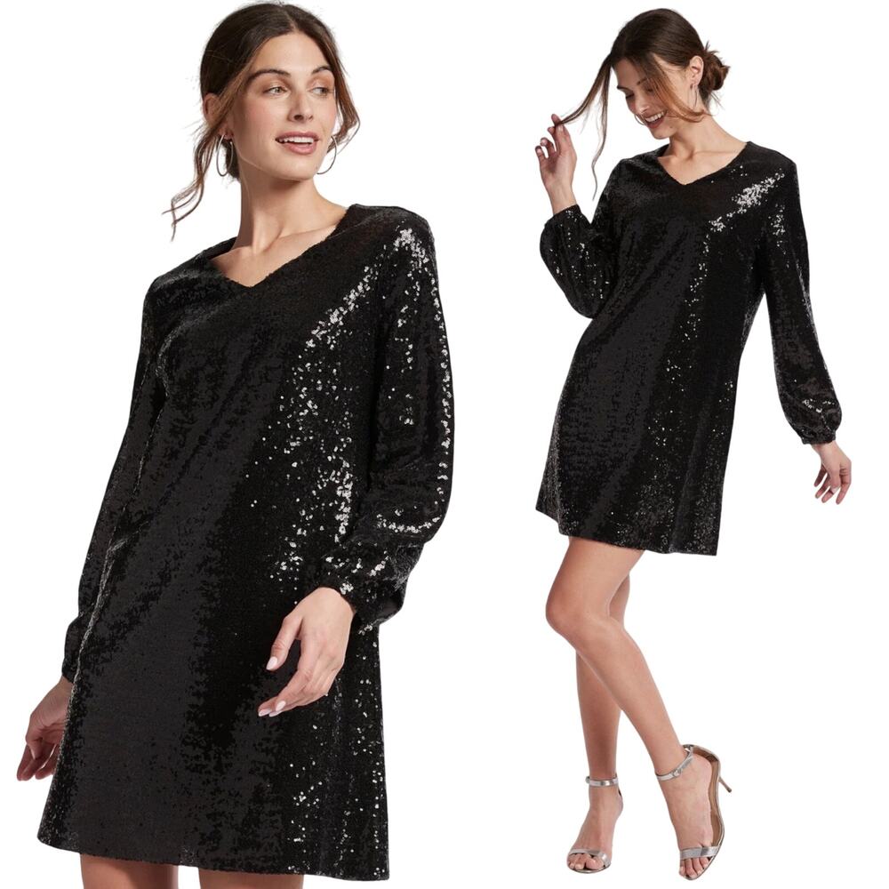 Tyler Boe Porter Dress Sequined V Neck Balloon Sleeves Mini Black Womens Small